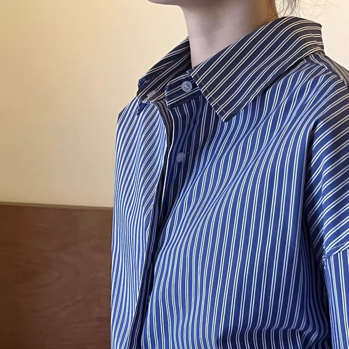 Women Oversized Long Sleeve Shirt Blouse with Vertical Stripes and Loose Fit Mune Fashion
