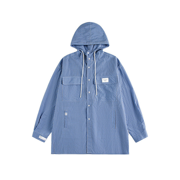 Unisex hooded overshirt in checked longline cut with flap pockets and snap button placket Mune Fashion