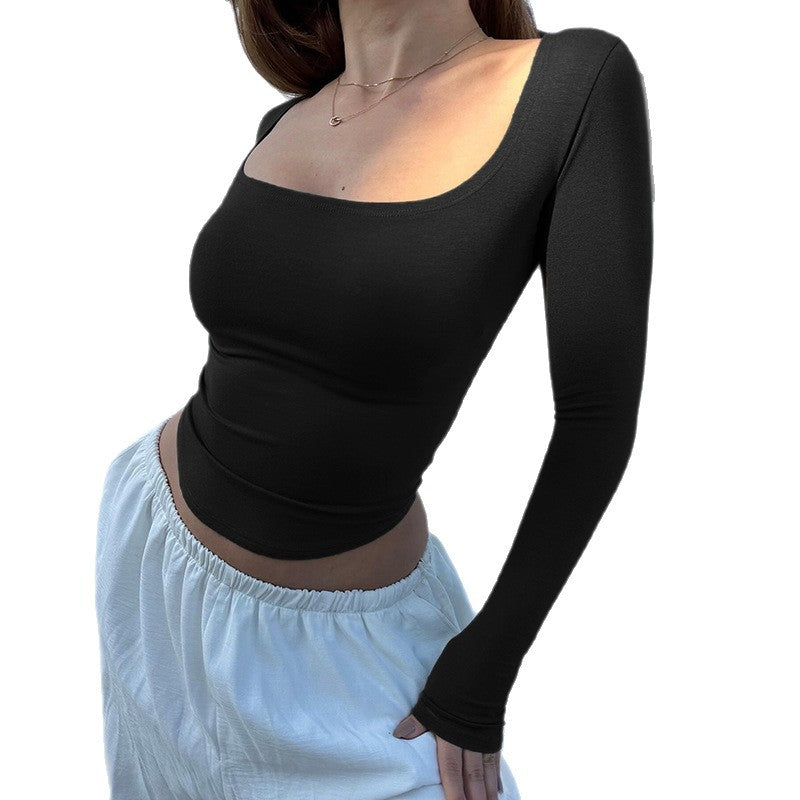 Damen Enganliegendes Langarm-Croppedshirt mit quadratischem Ausschnitt Mune Fashion