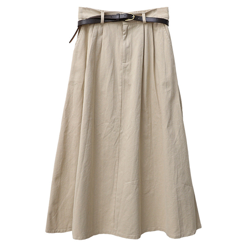 Women's high-waisted A-line maxi skirt with pleated waistband and detachable faux leather belt Mune Fashion