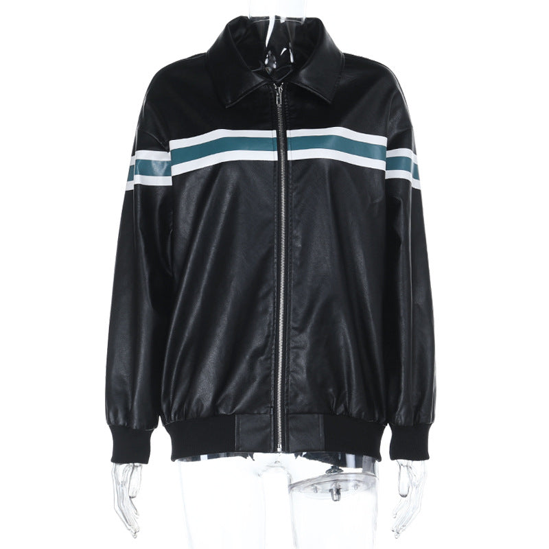 Women's Faux Leather Bomber Jacket with Retro Stripes and Full Zip Mune Fashion