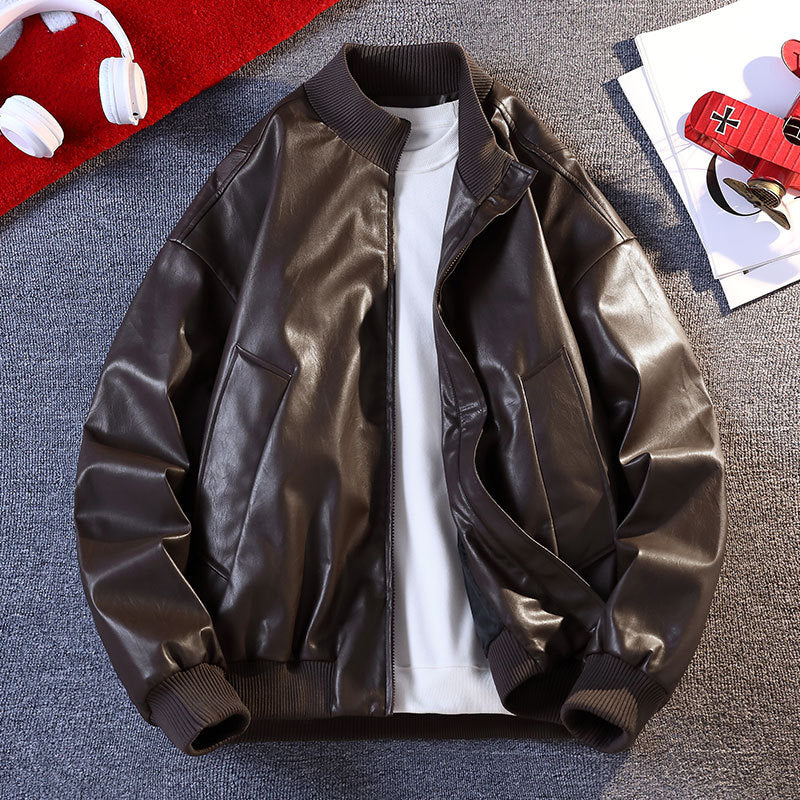 Men's Faux Leather Bomber Jacket with Elastic Ribbed Cuffs and Practical Pockets Mune