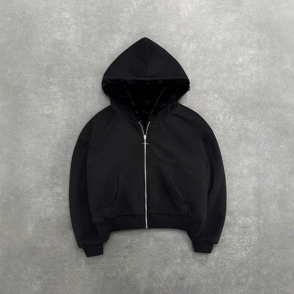 Women's short hooded jacket with faux fur lining, zipper and kangaroo pocket Mune Fashion