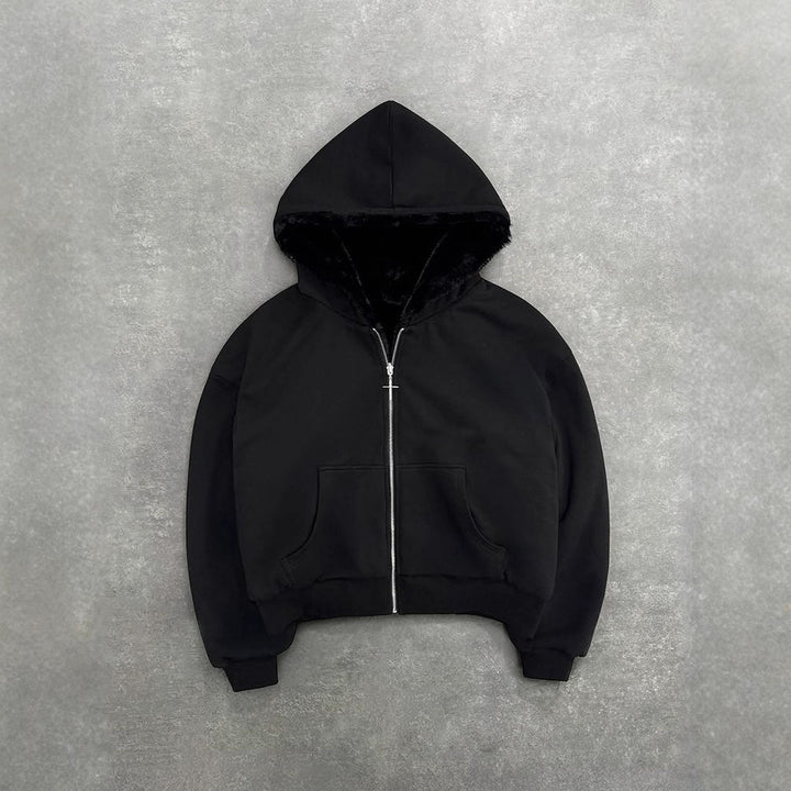 Women's short hooded jacket with faux fur lining, zipper and kangaroo pocket Mune Fashion
