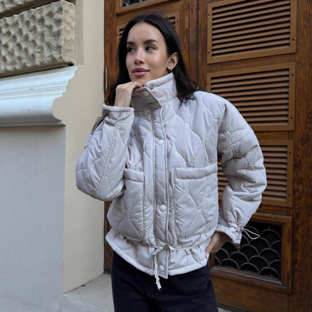 Women Short Cut Quilted Padded Jacket with Stand Collar Mune Fashion