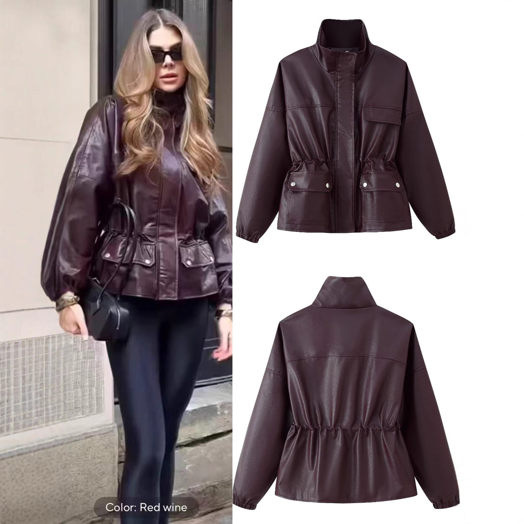 Women Faux Leather Parka with Stand Collar, Waist Drawstring, and Placket Pockets Mune Fashion