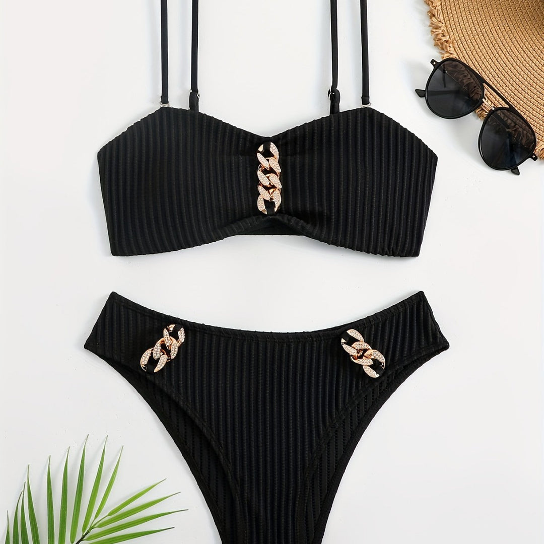 Women's Bikini Set with elegant ruffle detail and fashionable chain accents Mune Fashion