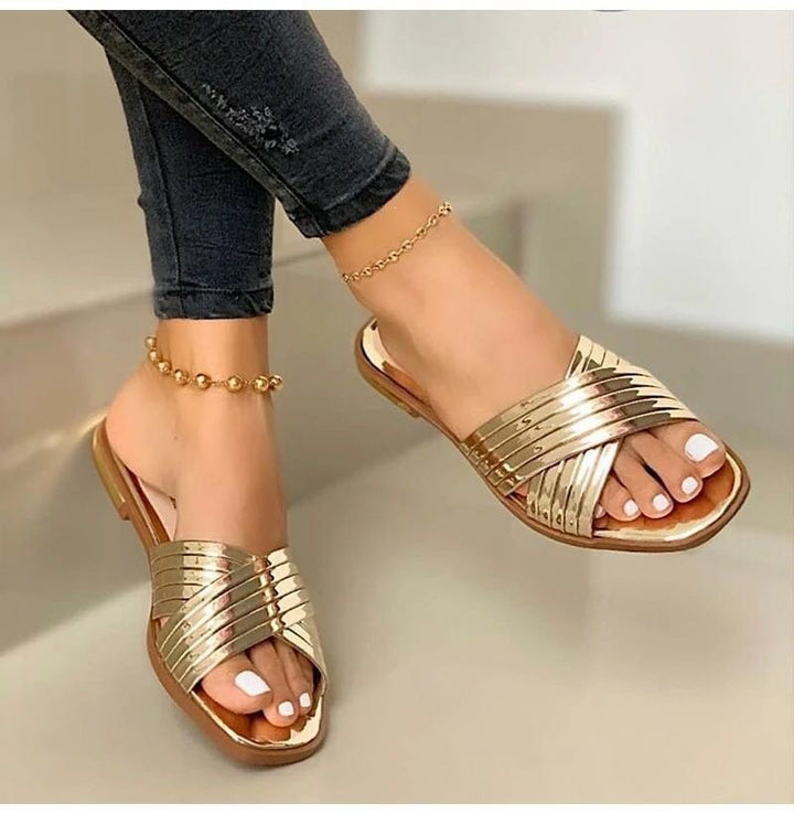 Women's Braided Metallic Slippers with Crossed Straps and Flat Comfort Sole Mune Fashion