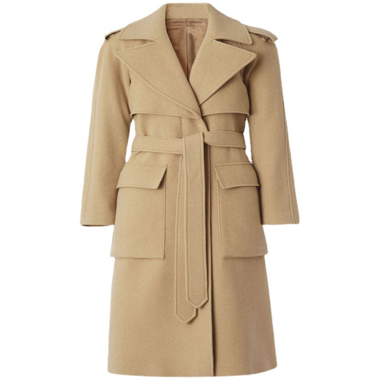 Women Mid-length Wool Blend Long Coat with Double Shoulder Yoke, Flap Pockets and Subtle Waistline Mune Fashion
