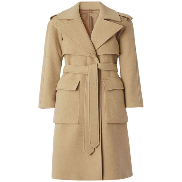 Women Mid-length Wool Blend Long Coat with Double Shoulder Yoke, Flap Pockets and Subtle Waistline Mune Fashion