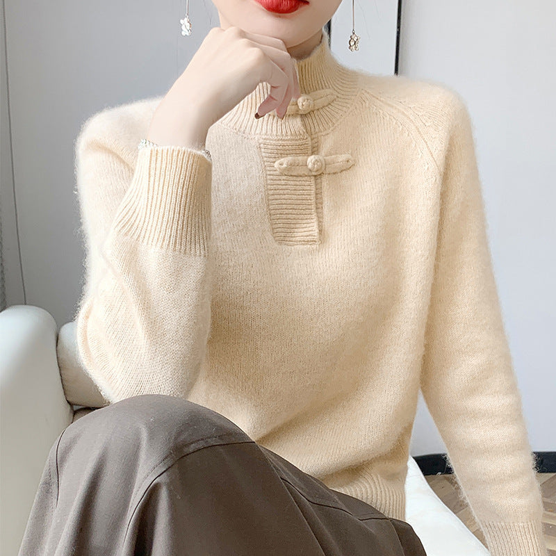 Women Cashmere-Look Mockneck Pullover with decorative KnMune Fashion button placket Mune Fashion