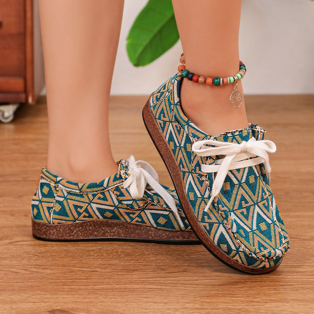 Women Patterned Comfort Moccasins with Wedge Sole and Colorful Band Mune Fashion