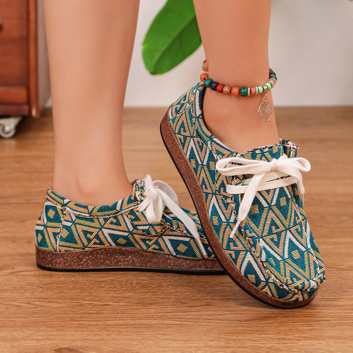 Women Patterned Comfort Moccasins with Wedge Sole and Colorful Band Mune Fashion
