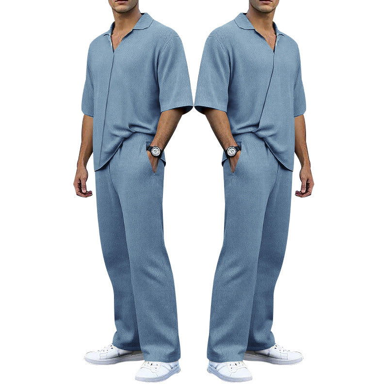 Men's finely structured two-piece set with open polo collar short sleeve shirt and straight comfort waistband pants Mune Fashion