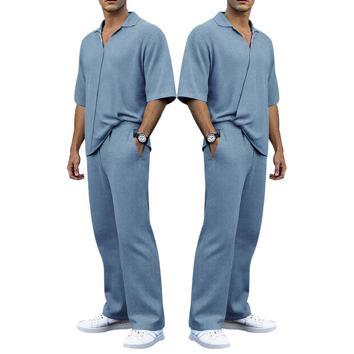 Men's finely structured two-piece set with open polo collar short sleeve shirt and straight comfort waistband pants Mune Fashion