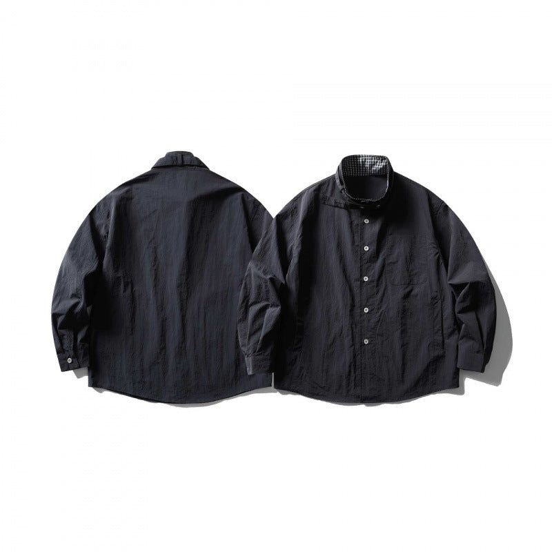 Unisex Wide Crinkle Shirt with High Standing Collar and Concealed Button Placket Mune Fashion