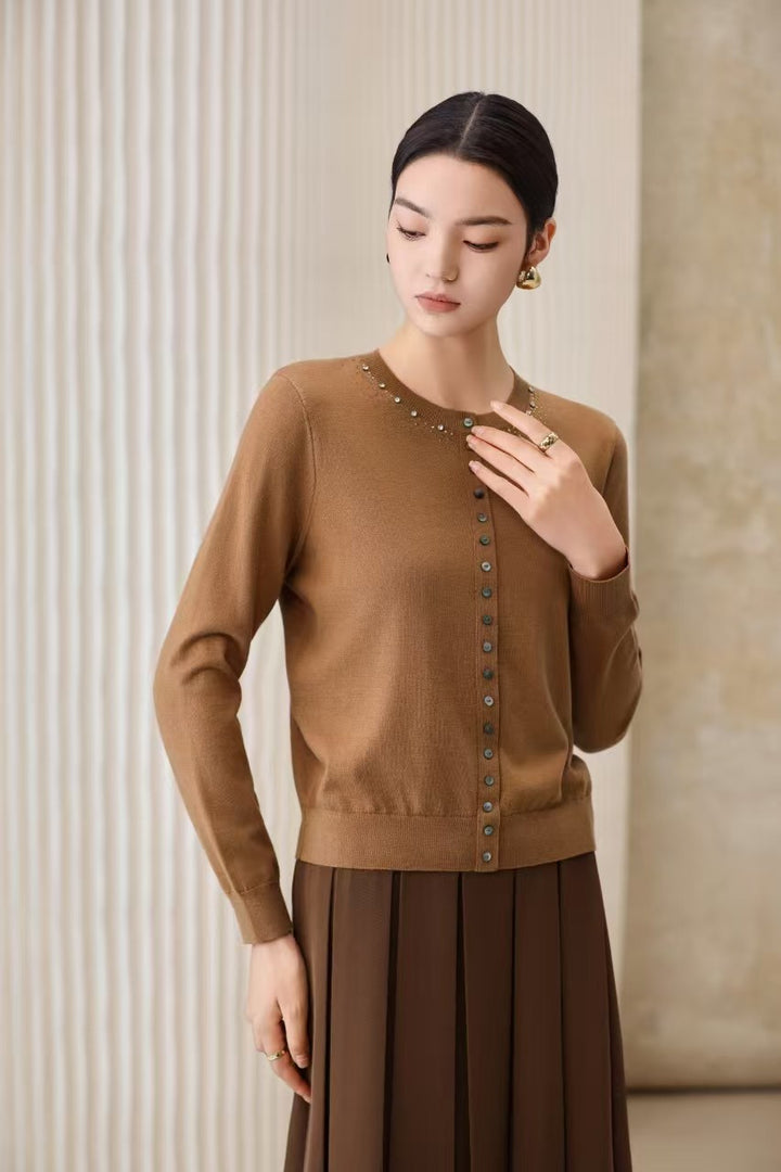 Women Fine Fine Knit Cardigan with Bead Decor at Crew Neck