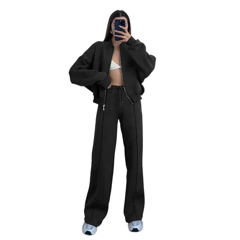 Women’s cropped bomber jacket with zipper and loose high-waist joggers set Mune Fashion