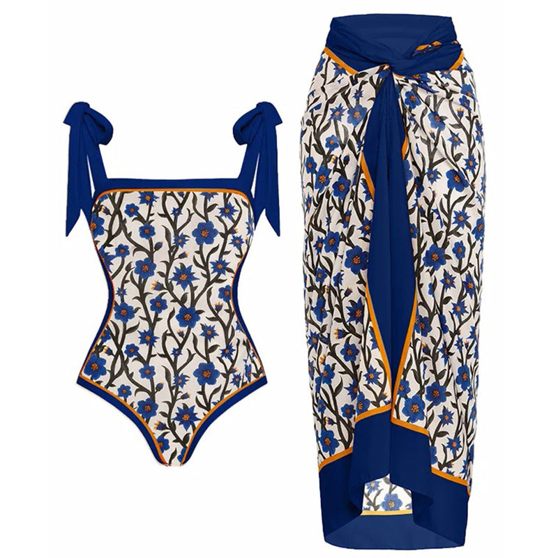 Women's Swimwear Set with Floral Swimsuit and Matching Maxi Skirt Mune Fashion