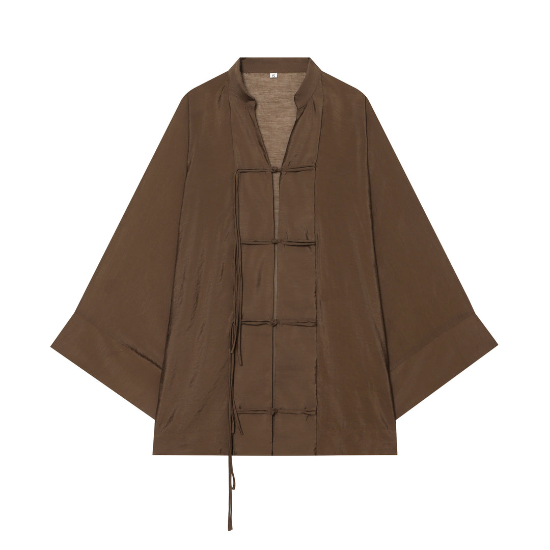 Women's Kimono-Cape Jacket with Chinese Button Closure and Long Tassels Mune Fashion