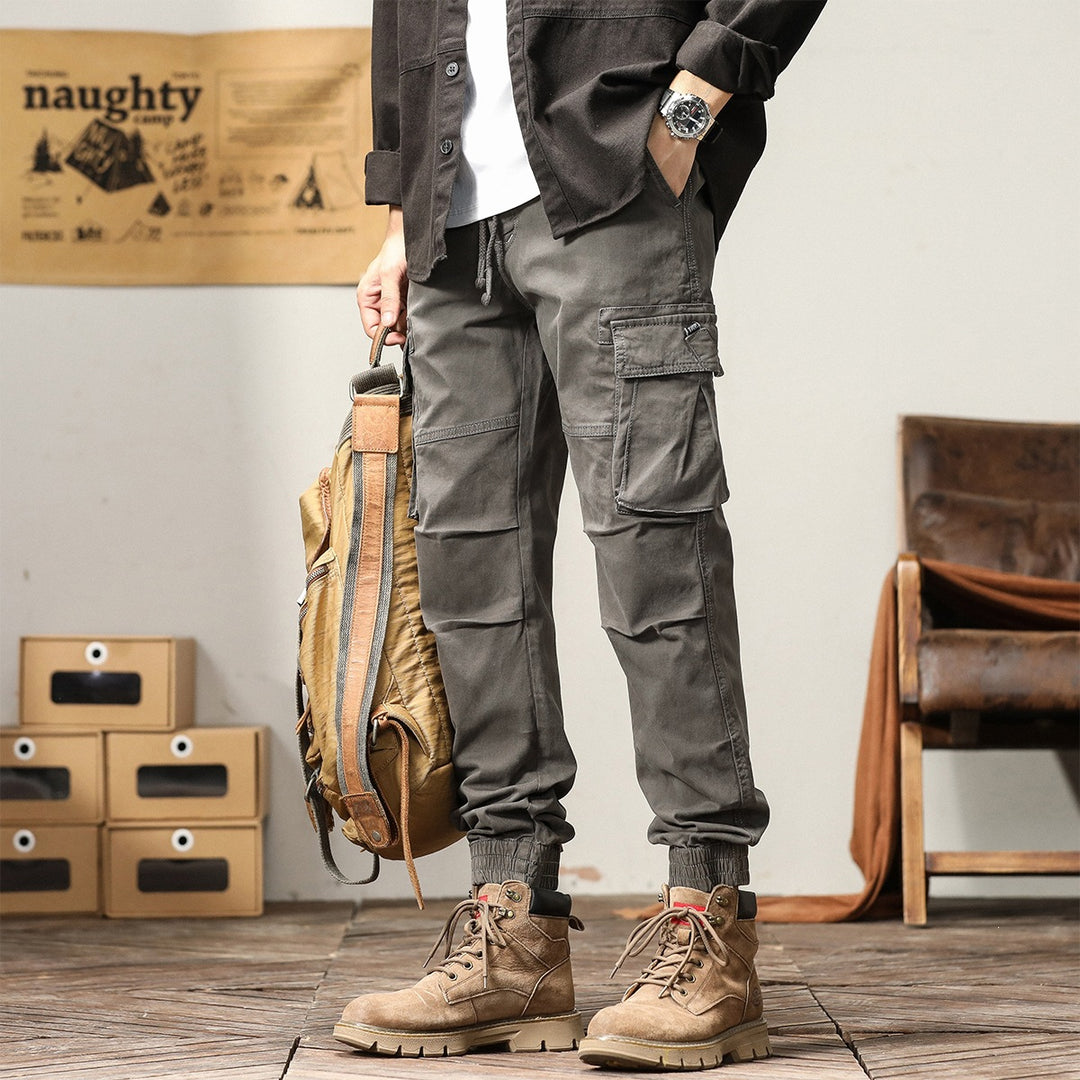 Men's Utility Cargo Jogging Pants with Drawstring, Multifunctional Pockets, and Elastic Cuffs
