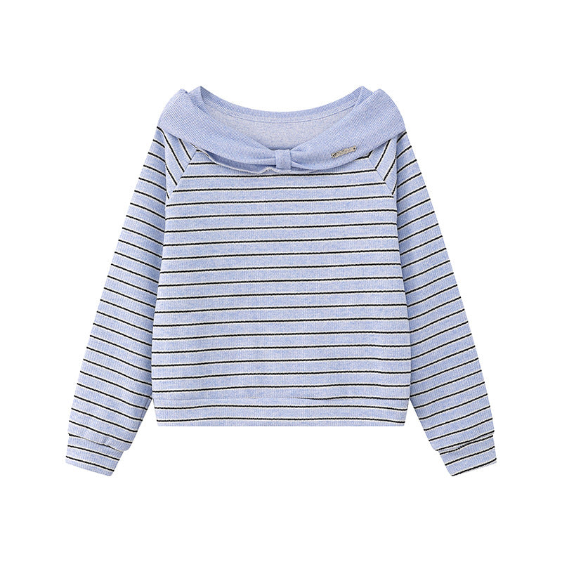 Women's Knitted Short Sweater with Off-Shoulder Cut, Bow Detail and Horizontal Striped Pattern Mune Fashion