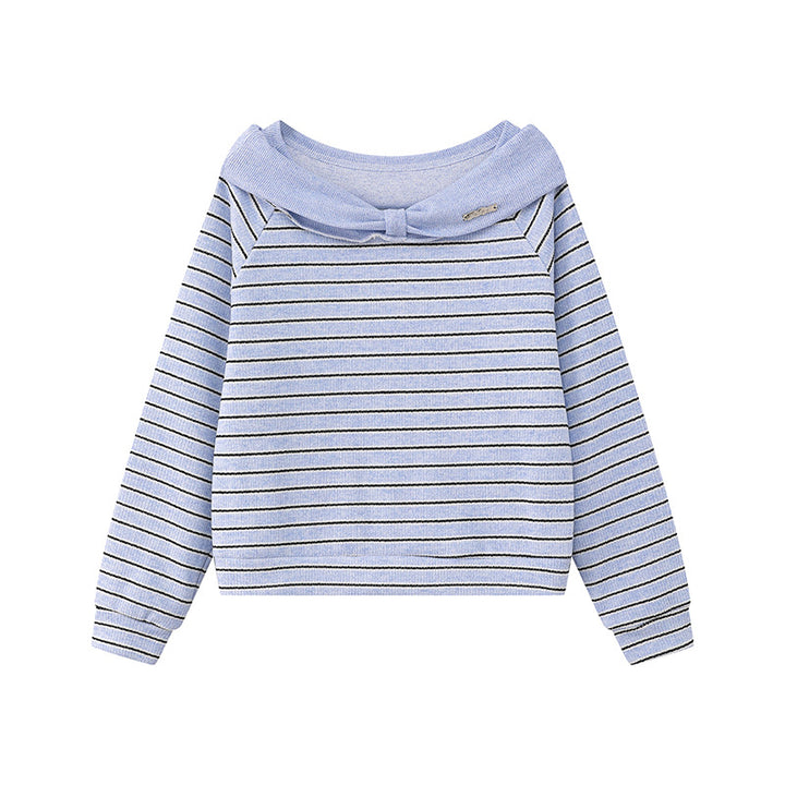 Women's Knitted Short Sweater with Off-Shoulder Cut, Bow Detail and Horizontal Striped Pattern Mune Fashion