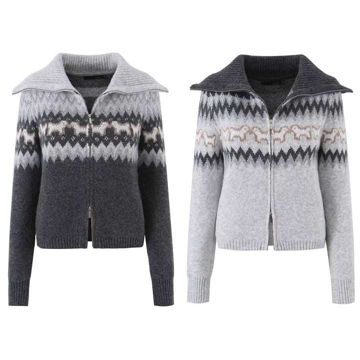 Women's Knitted Zip Cardigan with Norwegian Pattern and Extra Wide Turn-Down Collar Mune Fashion