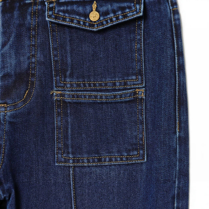 Ladies Highwaist Jeans with wide leg, flap pockets and center seam Mune Fashion