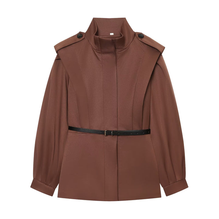 Women Short Cape Trench with High Funnel Collar and Waist Belt Mune Fashion