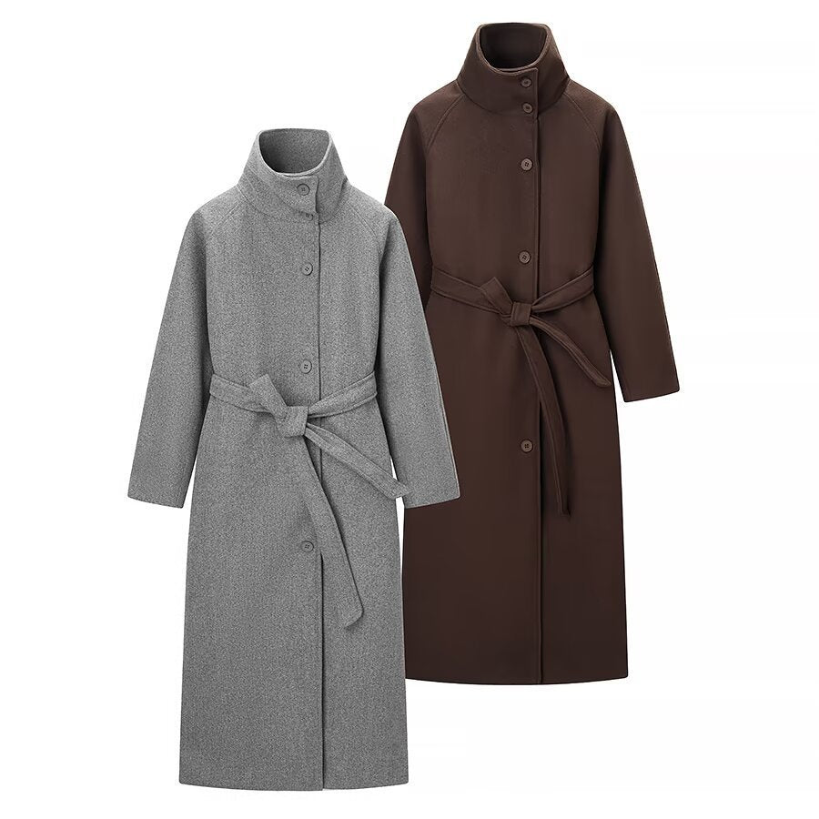 Ladies long coat with tie belt and high stand-up collar made of wool mix Mune Fashion