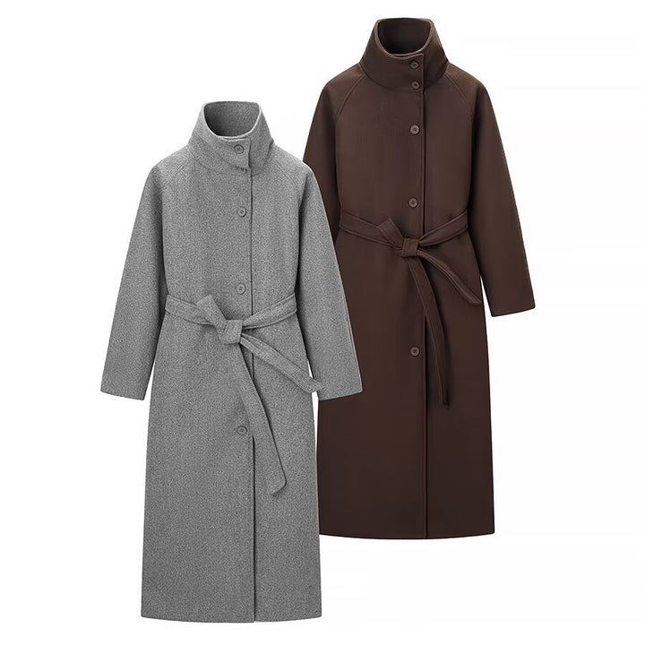 Ladies long coat with tie belt and high stand-up collar made of wool mix Mune Fashion