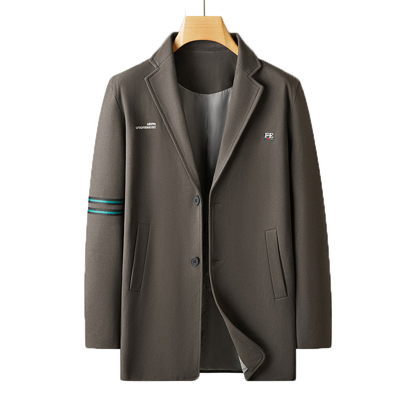 Men's Casual Wool Blend Transitional Coat with Lapel, Two-Button Closure and Striped Sleeve Detail Mune Fashion