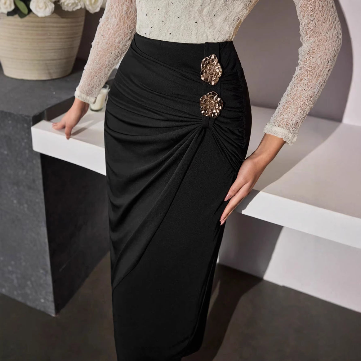 Ladies Nano Tailored Midi Skirt with Side Gather, Draping and Decorative Metal Flowers Mune Fashion
