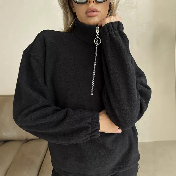 Women's Casual Fleece Jogging Suit Set with Stand Collar and Half-Zip Mune Fashion