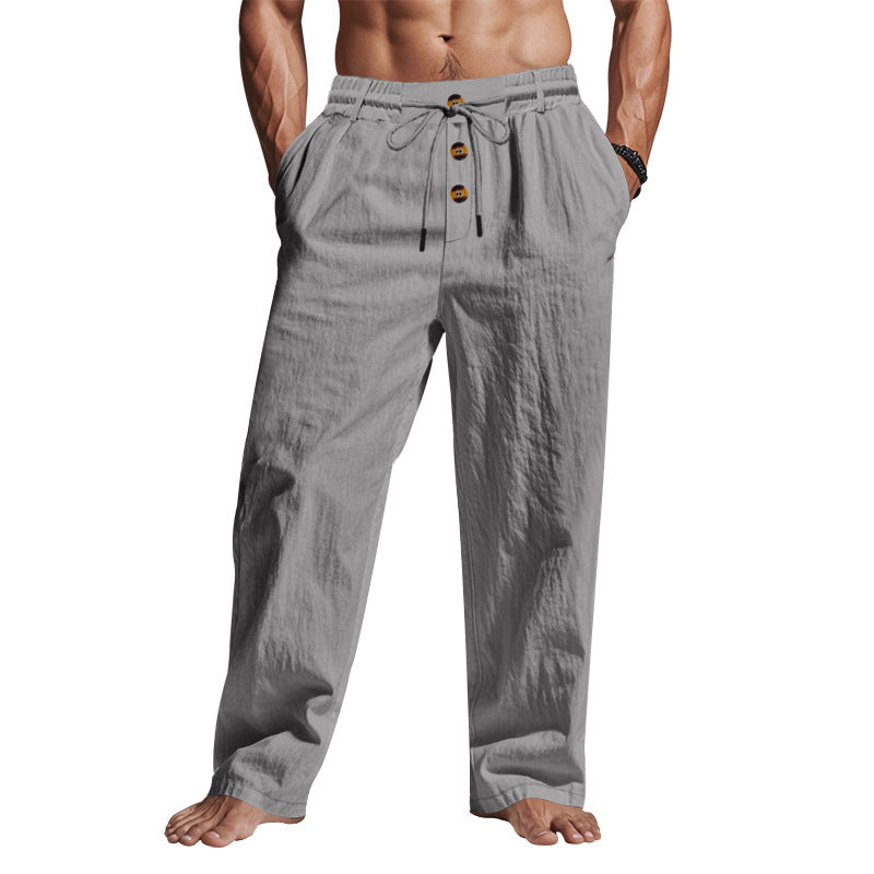 Men's casual linen relax pants with elastic tunnel drawstring waistband, cord drawstring and decorative button placket Mune Fashion