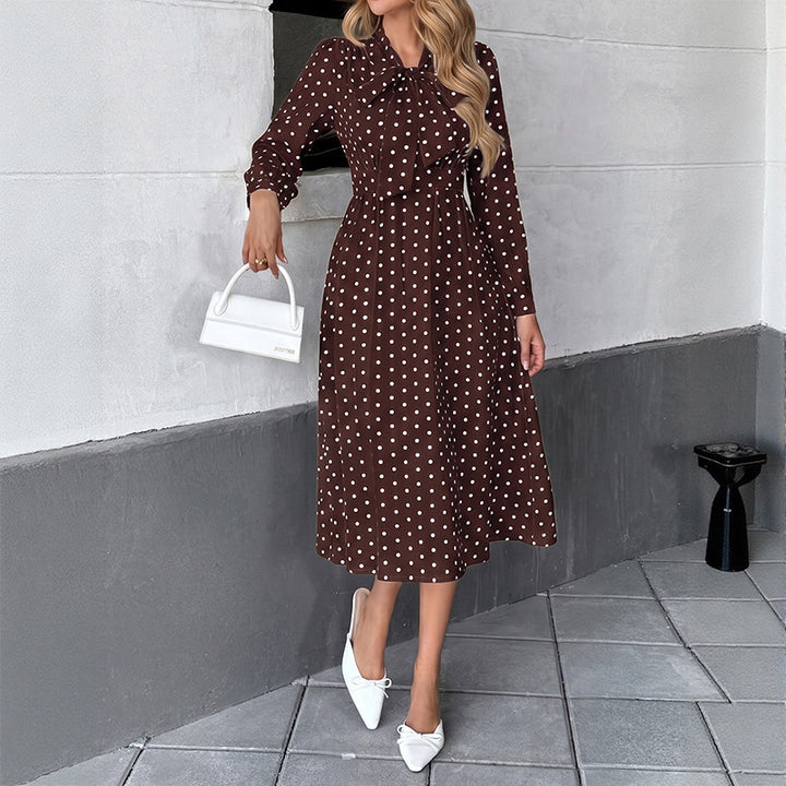 Women Elegant Midi Dress with Bow and Dots Mune Fashion