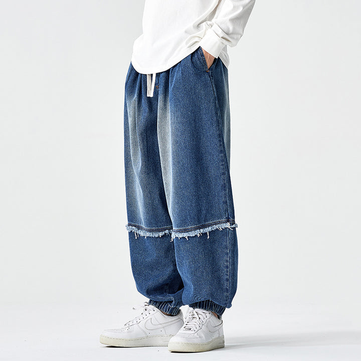 Men Wide-cut Baggy Denim Pants with Drawstring, Elastic Leg Openings and Fringed Detail Mune Fashion