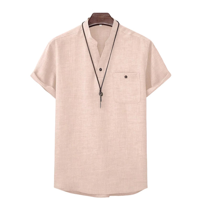 Men's casual Mandarin-style short-sleeve shirt with half-button placket, patch chest pocket, and rounded hem Mune Fashion