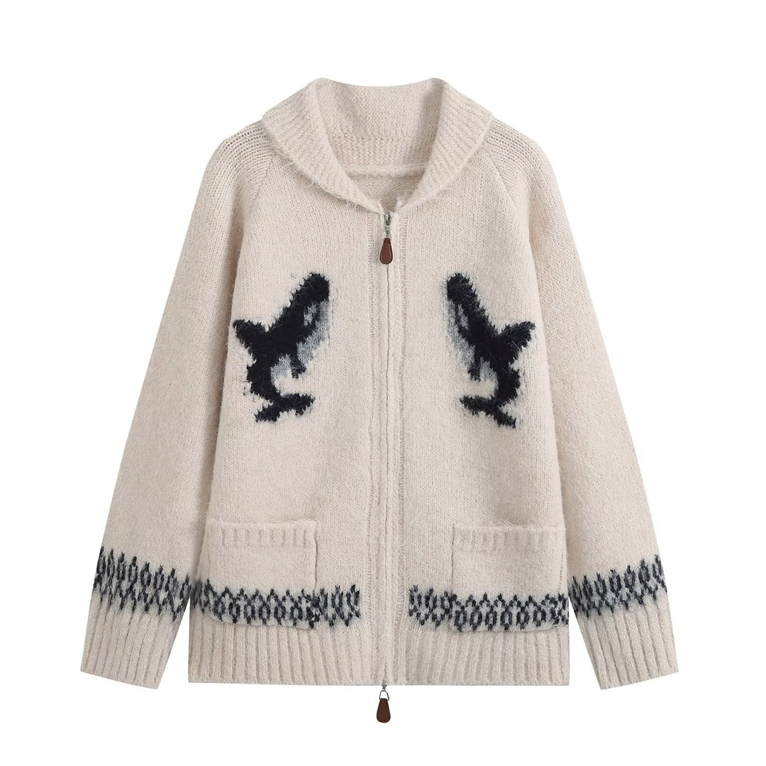 Women's chunky knit zip cardigan with shawl collar and intarsia motif Drune