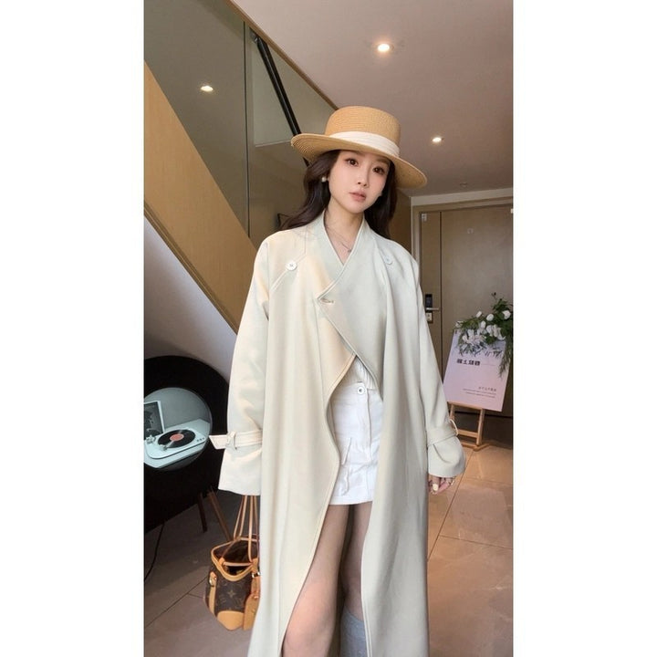 Women’s Maxi Trench Coat with Waterfall Collar and Gathered Sleeves Mune Fashion