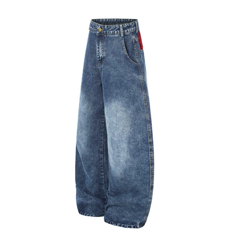Ladies Wide High-Waist Palazzo Jeans in Culotte Style with Patch Back Pockets and Schrift Embroidery Mune Fashion