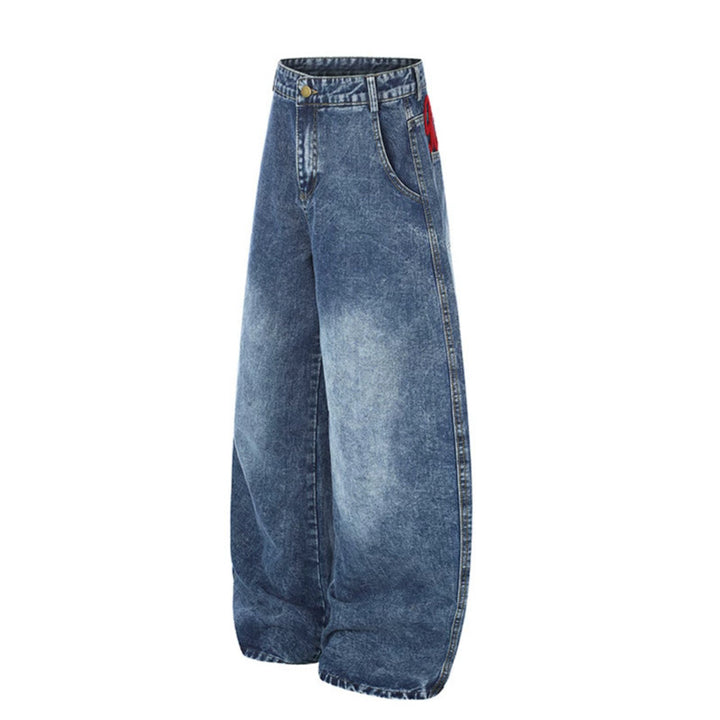 Ladies Wide High-Waist Palazzo Jeans in Culotte Style with Patch Back Pockets and Schrift Embroidery Mune Fashion