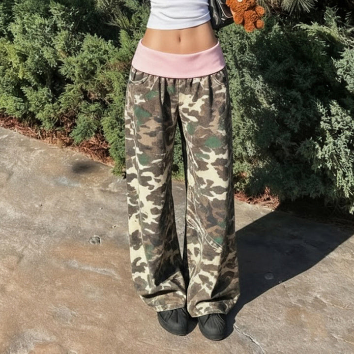Women's wide lounge pants with foldover waistband, camouflage pattern and elastic comfort stretch Mune Fashion