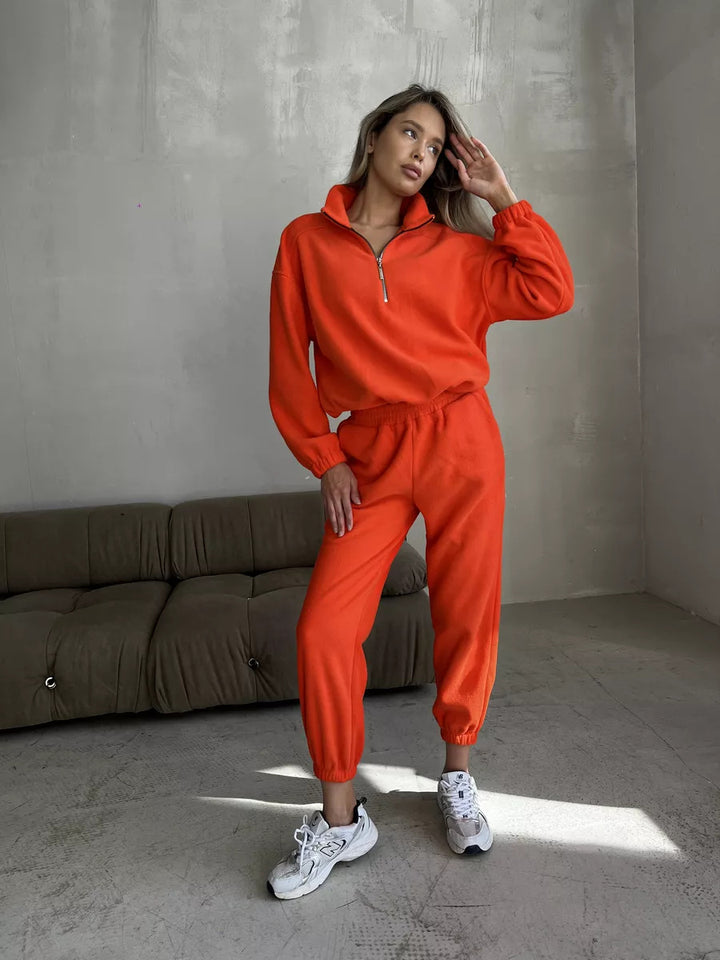 Women's Casual Fleece Jogging Suit Set with Stand Collar and Half-Zip Mune Fashion