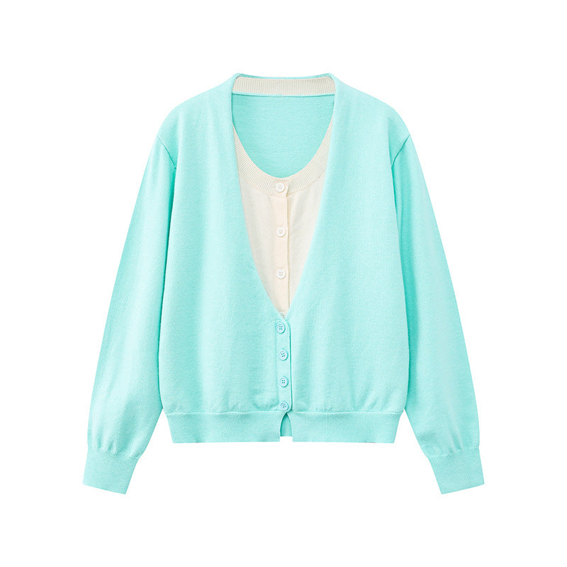 Women's Two-Layer V-Neck Cardigan with Integrated Henley Inner Layer Mune Fashion