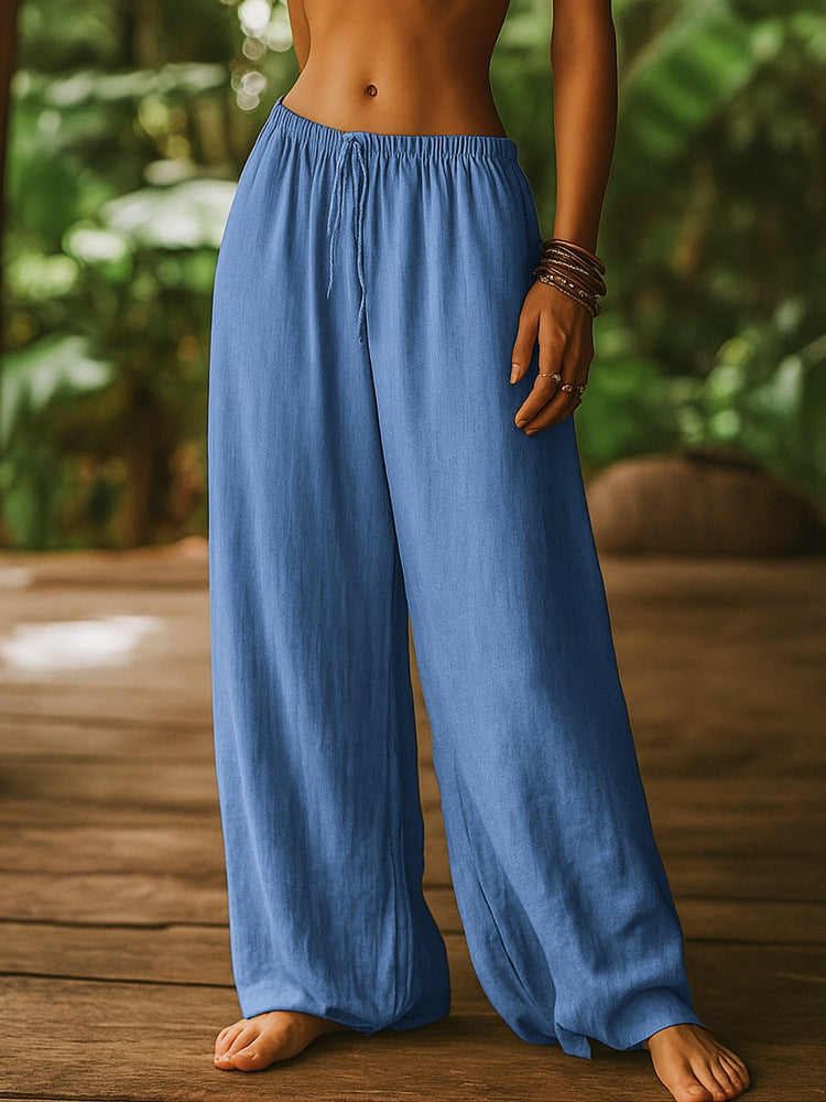 Ladies Lightweight Linen Pants with Wide Legs and Drawstring Mune Fashion