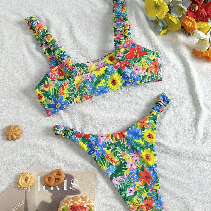 Women's Ultra-thin Floral Bikini with Elastic Ruffles Mune Fashion