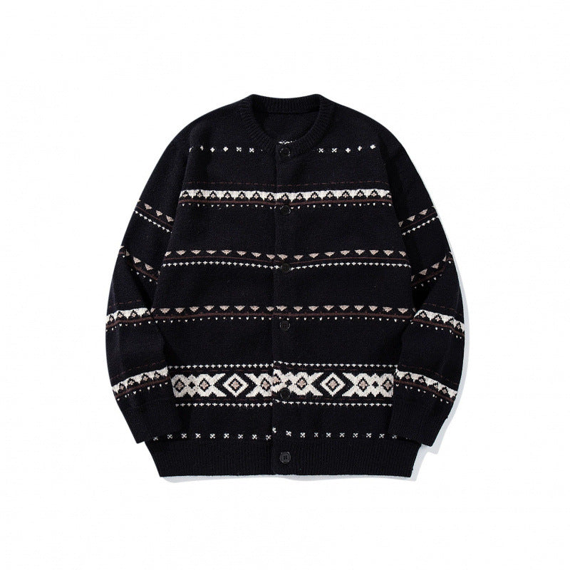 Unisex jacquard knit cardigan in boxy cut with round neck and button placket Mune Fashion