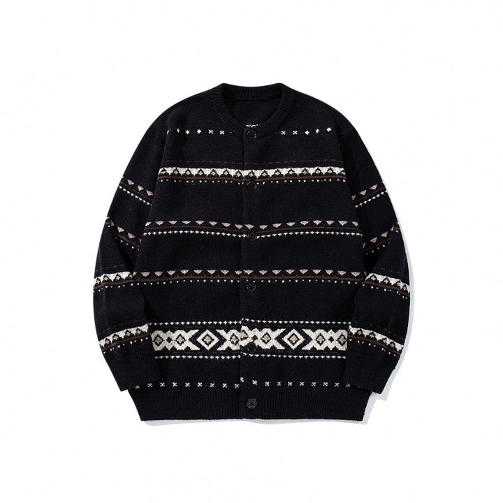 Unisex jacquard knit cardigan in boxy cut with round neck and button placket Mune Fashion